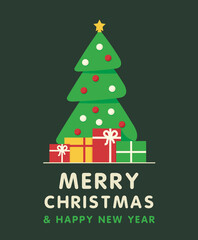 Merry Christmas and Happy New Year postcard with christmas tree and gift