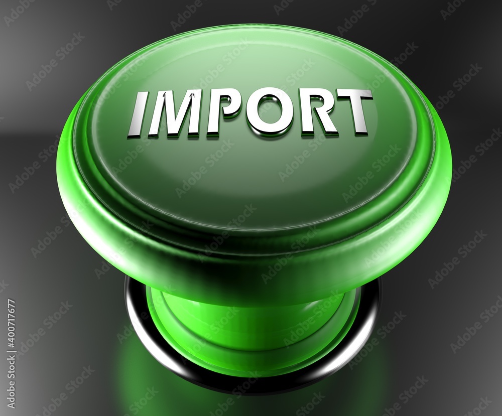 Poster import green emergency push button - 3d rendering illustration