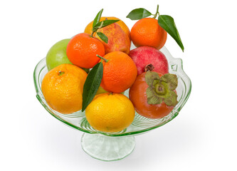 Different fruits in vintage glass fruit vase on white background