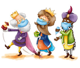 Ilustración Reyes Magos con mascarilla y gel hidroalcohólico en tiempos de Covid, coronavirus.  Dibujo vectorial