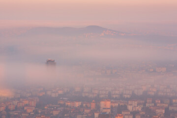 Istanbul aerial view, foggy and misty