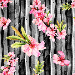 Seamless pattern with pink spring flowers. Almond blossom