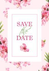 Wedding invitation with watercolor pink flowers of almond branch