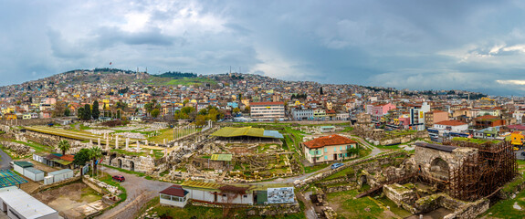 Agora Ancient city of Smyrna and Izmir City panoramic view in Turkey