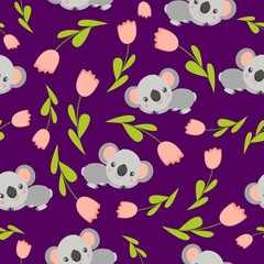 Seamless pattern with koala babies and pink tulips. Purple background. Floral ornament. Flat сartoon style. Cute and funny. For kids postcards, textile, wallpaper and wrapping paper. Spring and summer