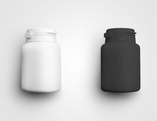 Template of a plastic white, black jar with first opening control, empty bottle for pills, for presentation design, print.