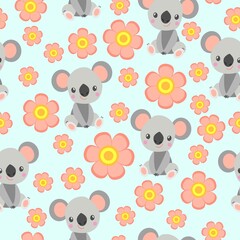 Seamless pattern with koala babies and pink flowers. Light blue background. Floral ornament. Flat cartoon style. Cute and funny. For kids textile, wallpaper and wrapping paper. Spring and summer