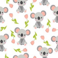 Seamless pattern with koala babies and pink flowers. White background. Floral ornament. Flat cartoon style. Cute and funny. For kids postcards, textile, wallpaper and wrapping paper. Spring and summer