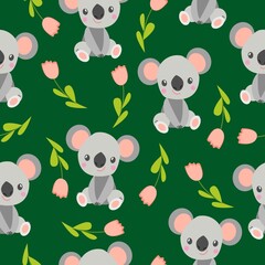 Seamless pattern with koala babies and pink flowers. Green background. Floral ornament. Flat cartoon style. Cute and funny. For kids postcards, textile, wallpaper and wrapping paper. Spring and summer