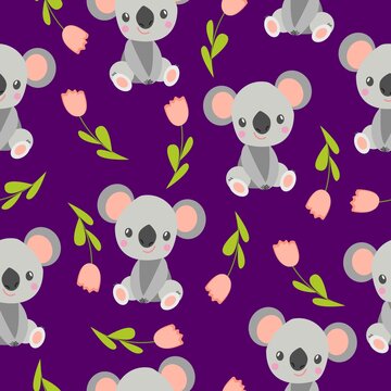 Seamless pattern with koala babies and pink flowers. Purple background. Floral ornament. Flat cartoon style. Cute and funny. For kids postcards, textile, wallpaper and wrapping paper. Spring,  summer