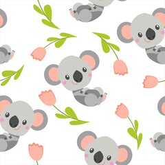 Seamless pattern with smiling koala baby and pink tulips. White background. Flat cartoon style. Cute and funny. For kids postcards, textile, wallpaper and wrapping paper. Summer and spring ornament