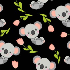 Seamless pattern with smiling koala baby and pink tulips. Black background. Flat cartoon style. Cute and funny. For kids postcards, textile, wallpaper and wrapping paper. Summer and spring ornament