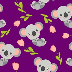 Seamless pattern with smiling koala baby and pink tulips. Purple background. Flat cartoon style. Cute and funny. For kids postcards, textile, wallpaper and wrapping paper. Summer and spring ornament