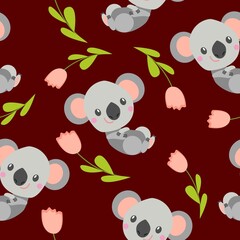 Seamless pattern with smiling koala baby and pink tulips. Red background. Flat cartoon style. Cute and funny. For kids postcards, textile, wallpaper and wrapping paper. Summer and spring ornament