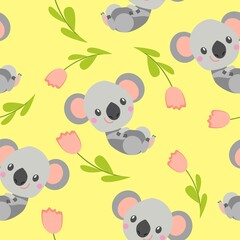 Seamless pattern with smiling koala baby and pink tulips. Yellow background. Flat cartoon style. Cute and funny. For kids postcards, textile, wallpaper and wrapping paper. Summer and spring ornament