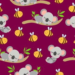 Seamless pattern with koala babies sleeping on eucalyptus branches and yellow bees. Red background. Flat design. Cartoon style. Cute and funny. For kids textile, wallpaper and wrapping paper. Summer