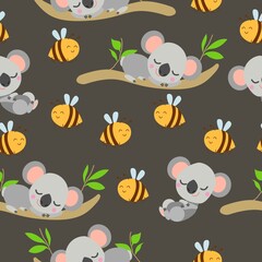 Seamless pattern with koala sleeping on eucalyptus branches and yellow bees. Gray green background. Flat cartoon style. Cute and funny. For postcards, textile, wallpaper, prints and wrapping paper