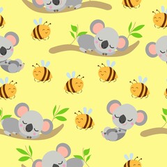 Seamless pattern with koala babies sleeping on eucalyptus branches and yellow bees. Yellow background. Flat design. Cartoon style. Cute and funny. For kids textile, wallpaper,  wrapping paper. Summer