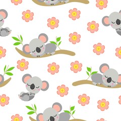 Seamless pattern with koala sleeping on eucalyptus branches and pink flowers. White background. Flat cartoon style. Cute and funny. For postcards, textile, wallpaper, prints and wrapping paper