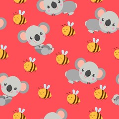 Seamless pattern with koala smiling and yellow bees. Red background. Flat cartoon style. Cute and funny. For postcards, textile, wallpaper, prints and wrapping paper. For kids. Summer and spring