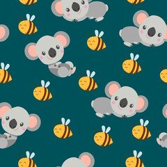 Seamless pattern with koala smiling and yellow bees. Green background. Flat cartoon style. Cute and funny. For postcards, textile, wallpaper, prints and wrapping paper. For kids. Summer and spring