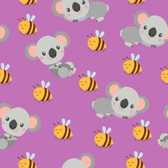 Seamless pattern with koala smiling and yellow bees. Peony pink background. Flat cartoon style. Cute and funny. For postcards, textile, wallpaper, prints and wrapping paper. Kids. Summer and spring