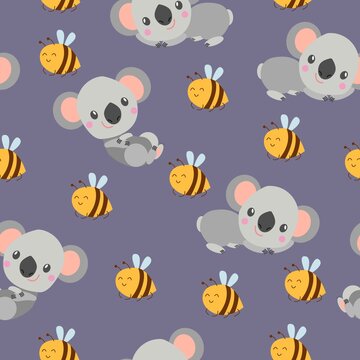 Seamless pattern with koala smiling and yellow bees. Violet gray background. Flat cartoon style. Cute and funny. For postcards, textile, wallpaper, prints and wrapping paper. Kids. Summer and spring