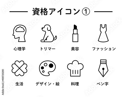 Fototapete 資格 スキルのアイコンのセット ビジネススキル 趣味 イラスト 心理学 トリマー 美容 Yugoro