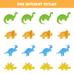 Find different dinosaur in each row. Logical game for kids.