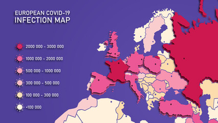 Vector background. Infographics. Geographic map of Europe. Coronavirus infection statistics in European countries. Covid-19. Epidemiological map of the spread of the virus. Planet Earth. 3D.