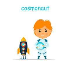 The child plays as an astronaut. Astronaut and rocket. Vector illustration. Cartoon character child