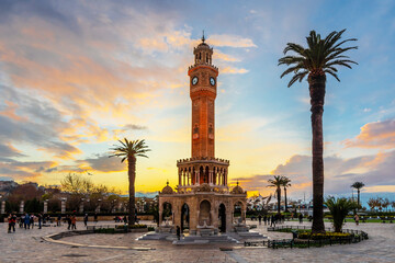 Konak Square and Clock Tower view at sunset. Konak Square is populer tourist attraction in Izmir.