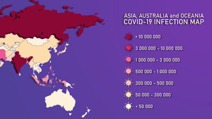 Vector background. Infographics. Geographic map of Asia, Australia and Oceania. Coronavirus infection statistics in Asian countries. Covid-19. Epidemiological map of the spread of the virus. 3D.