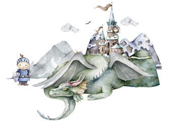 Boy knight and green dragon around mountain and castle. Adventure kid Cartoon hand drawn kid illustration on white background
