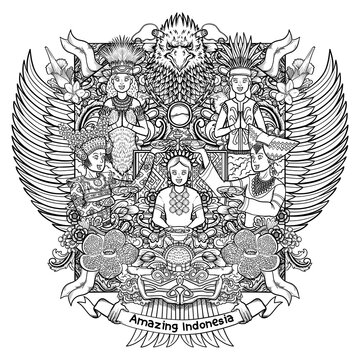 indonesian females with amazing culture on garuda handdrawing outline illustration