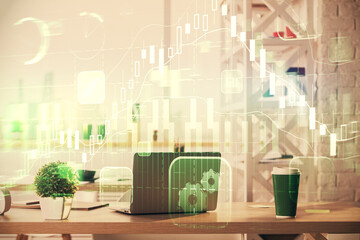 Double exposure of stock market graph drawing and office interior background. Concept of financial analysis.