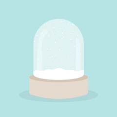 Empty crystal snow globe. Merry Christmas. Wooden base. Glass ball jar decoration. Vector illustration, flat design