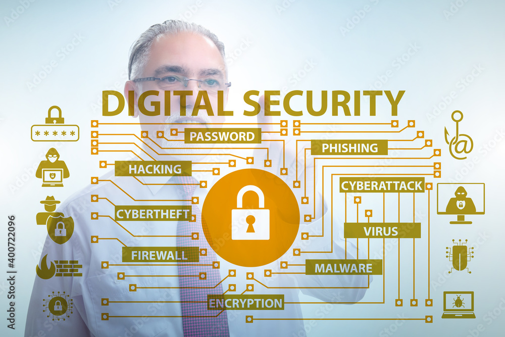 Poster digital security concept with businessman pressing button
