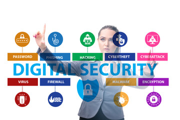 Digital security concept with businesswoman pressing button