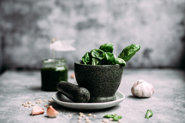 Cooking pesto sauce in stone mortar on gray background