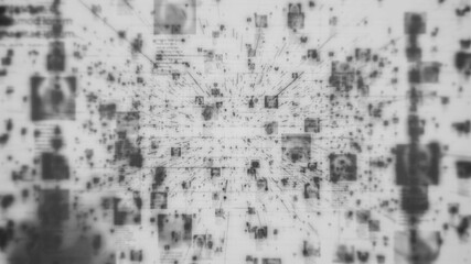 Social network concept with a stream of unrecognizable people portraits connecting each other with lines on white background, 3d rendering 4K footage in negative