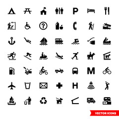 Map symbols icon set of black and white types. Isolated vector sign symbols. Icon pack.