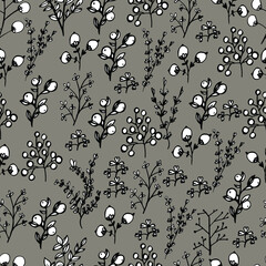 Pattern with spring flowers, dried flowers. hand-drawn liner. Decorative wildflowers, Stylization of plants, small beautiful flowers. For textiles, wallpaper, packaging, paper. Isolate. Stock graphics