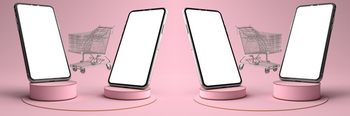 3D rendering of Smartphone white screen surrounded by shopping cart on podium. Concept of shopping on a mobile phone and Can fill the content on the white phone screen isolated on the pink background.