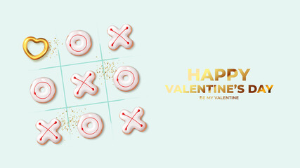 Happy Valentine's Day banner. Holiday background with realistic XO cookies, golden heart and confetti. Concept of tic tac toe game. Vector illustration with 3d decorative objects for Valentine's Day.