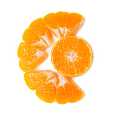 Tangerine slice with shadow isolated on white background