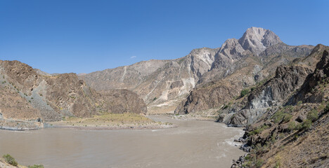 Panorama of the Panj river valley in Darvaz district, Gorno-Badakshan, the Pamir mountain region of Tajikistan