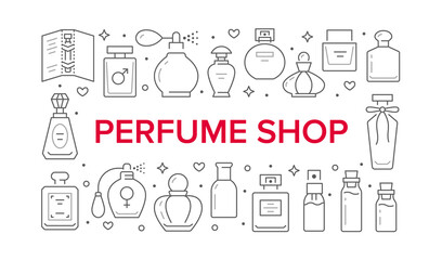 Perfume bottles poster with thin line icons. Vector horizontal illustration included icon glass sprayer, luxury parfum sampler, essential oil outline pictogram for cosmetic store flyer, brochure