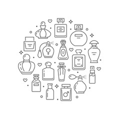 Perfume bottles circle poster with thin line icons. Vector illustration included icon as glass sprayer, parfum sampler, essential oil, cologne outline pictogram for cosmetic store flyer or brochure