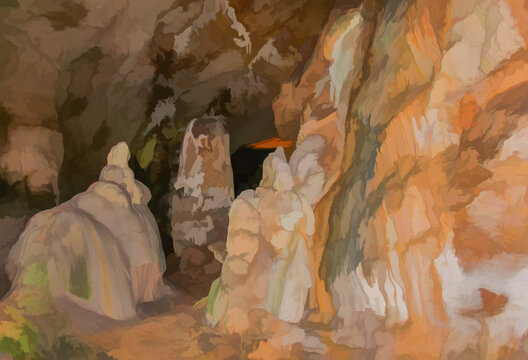 Abstract drawing of an underground cave with stalactites and stalagmites. Limestone karst formation. Travel and vacation concept. Digital painting. Abstract naturalism, relief pattern. 2D Illustration